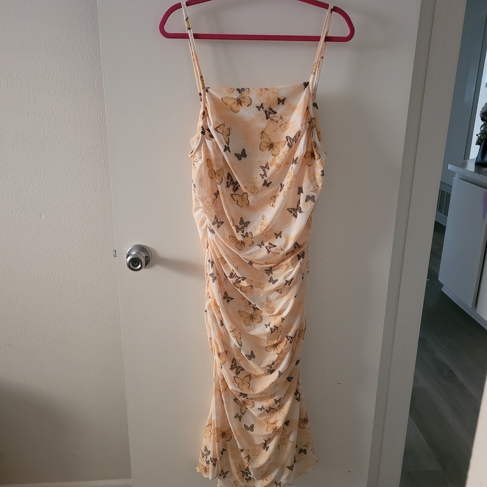 SHEIN Floral Butterfly Midi Dress in Cream and Brown